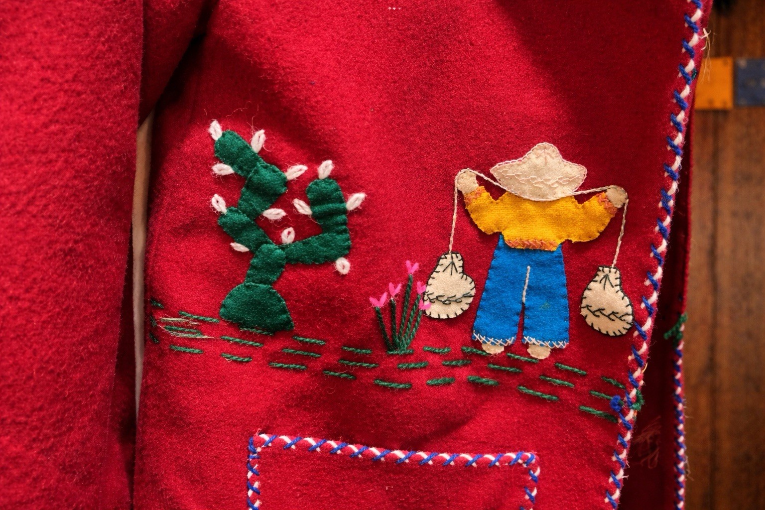 Vintage 1950s Mexican Hand Embroidered Red Wool Folk Art Jacket