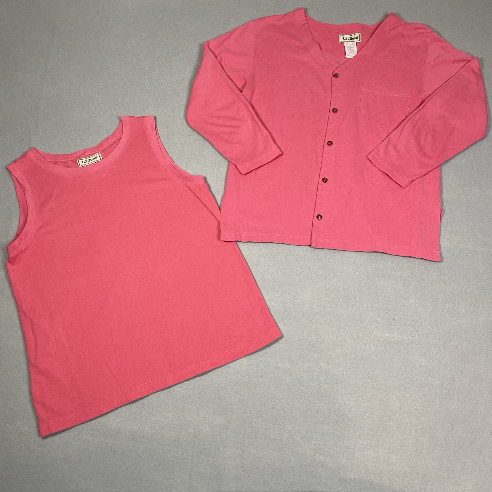 Vtg L L Bean Pink Cotton Knit Cardigan Tank Top Twin Set 90s Women Size XL