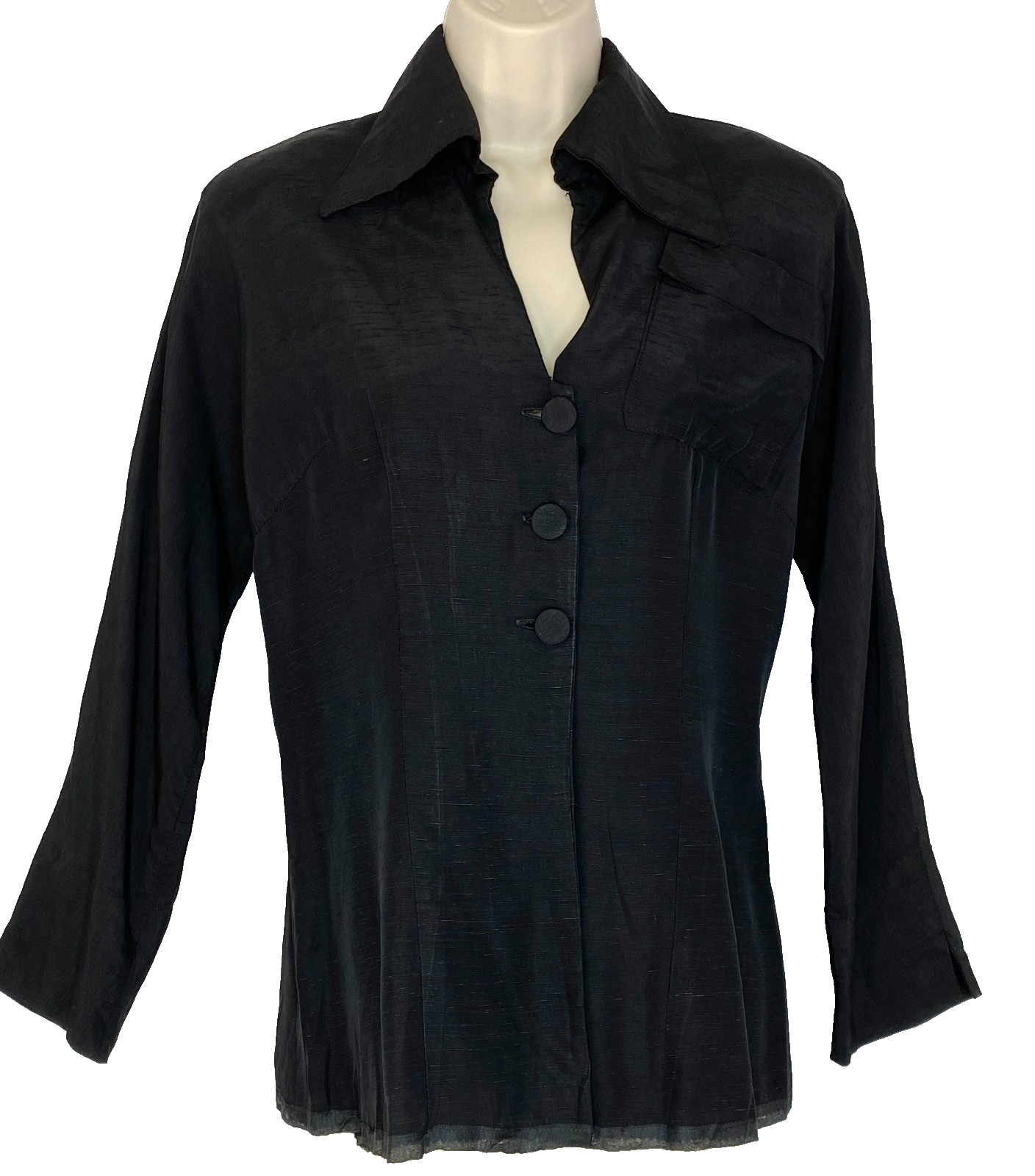 Vintage 1940s black rayon blouse M L long sleeve button front collar top shirt