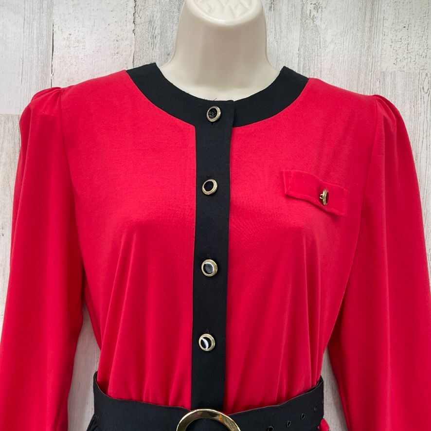 Vintage 80s Tabby of California Dress Womens L Red Black Belted Pockets Old Mone