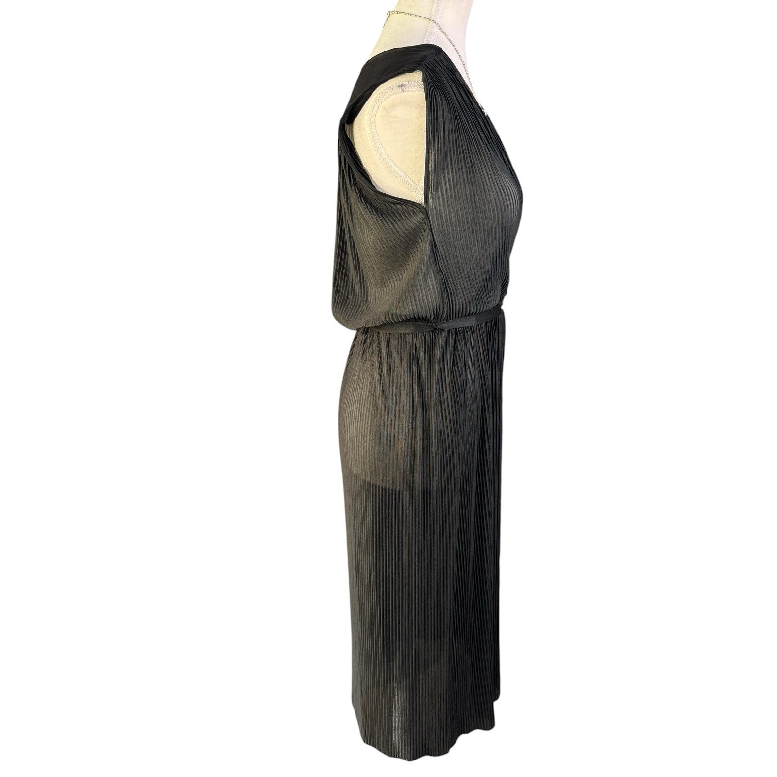 Vtg Stitches Black Stretch Pleated Surplice Midi Dress S12 Tie Waist Sheer
