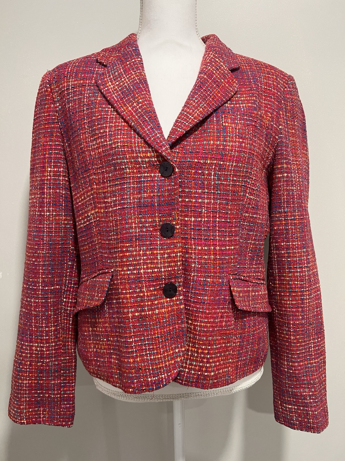 Vintage 90s Harvé Benard Multicolored Pink, Orange, Blue Tweed Blazer Size 12
