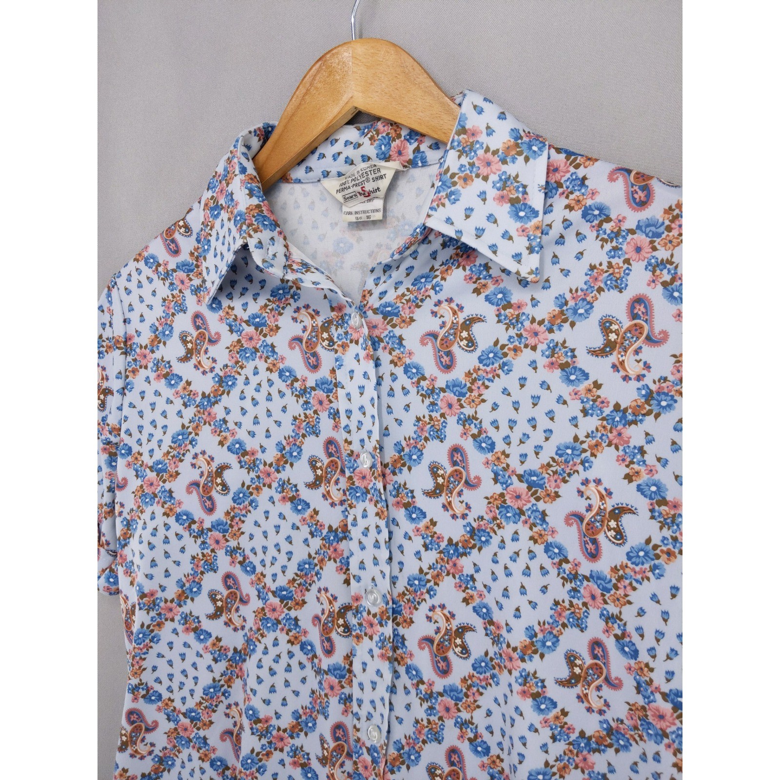 Vintage 70s Sears The Shirt Button Up Women 16 Blue Floral Paisley Short Sleeve