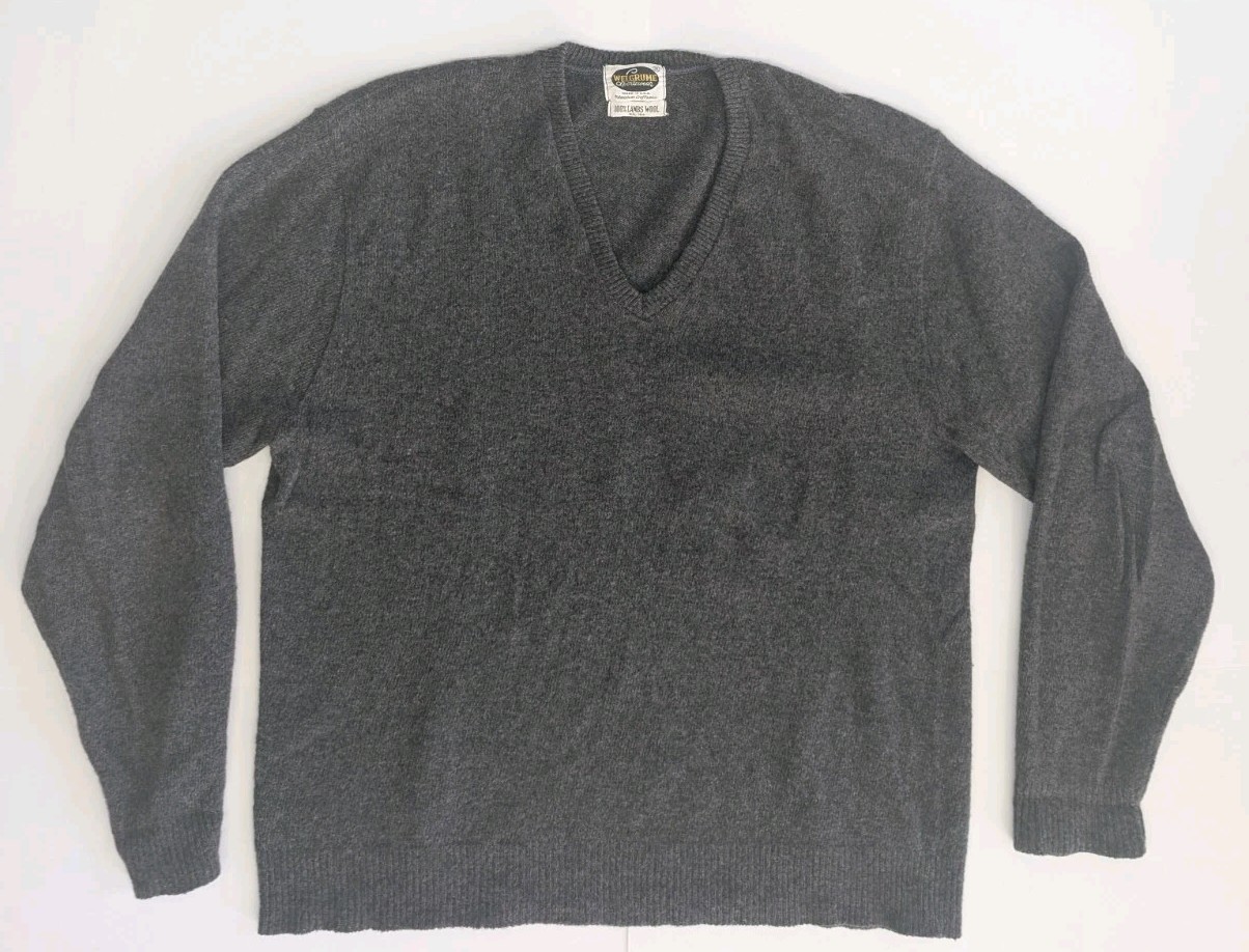 Vintage 1950s Welgrume V-neck XL Lambs Wool Sweater USA Sportswear Grey Made USA