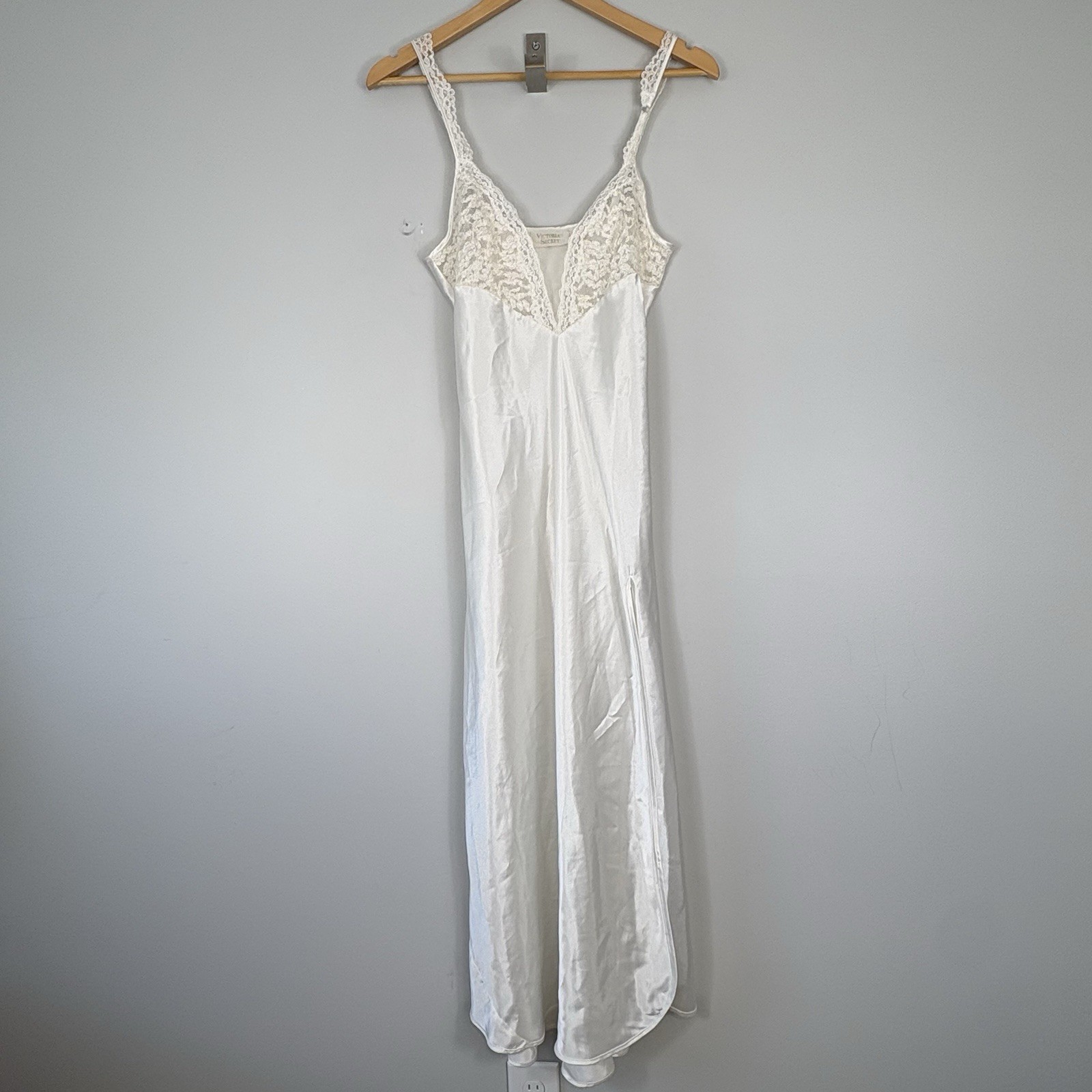 Vtg 80s Victoria’s Secret Gold Label Satin Slip Dress Sz S Maxi Lace White