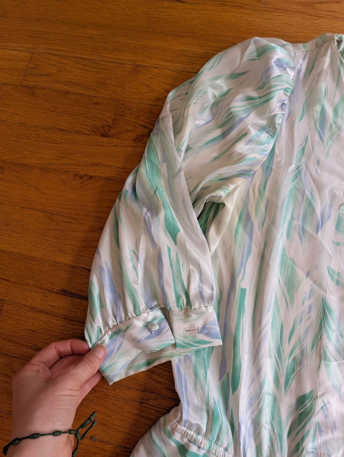 Vintage 1980s Alexis Fashion Inc Blue Green White Cottage Easter Sheer Dress Med