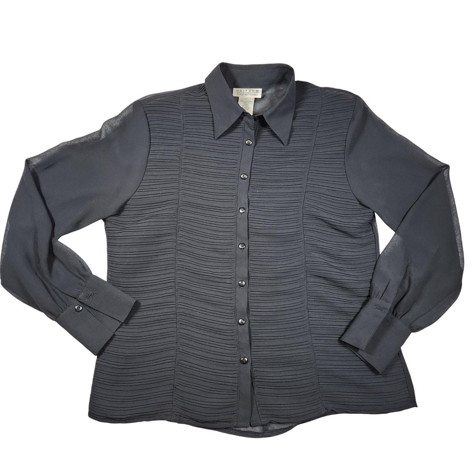 Vintage 90s Uniform John Richard Black Crinkle Button Down Blouse Sheer Sleeve L