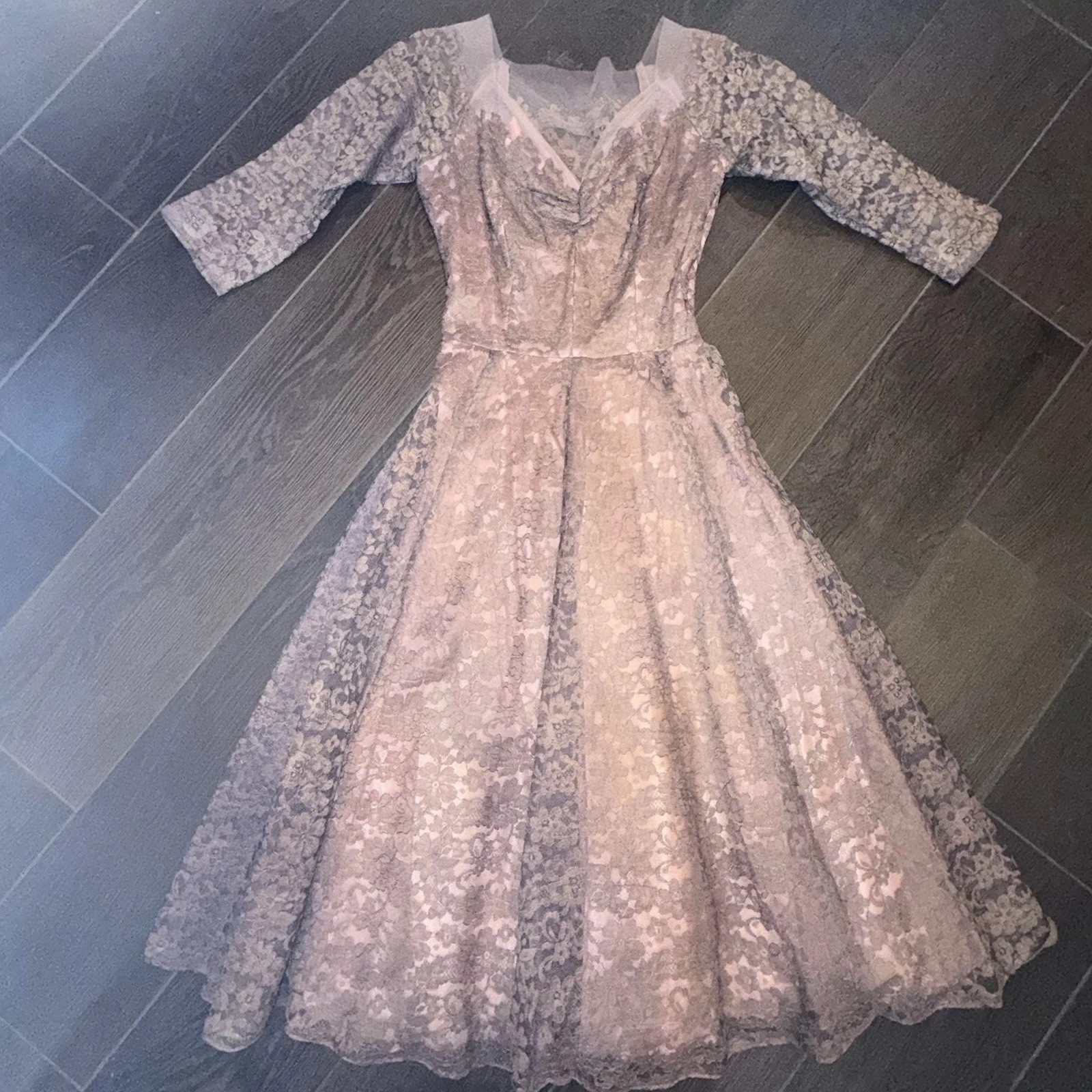Vtg 1950s Emma Domb Pink Lace Party Dress Tea Fit & Flare Illusion Size XS *read