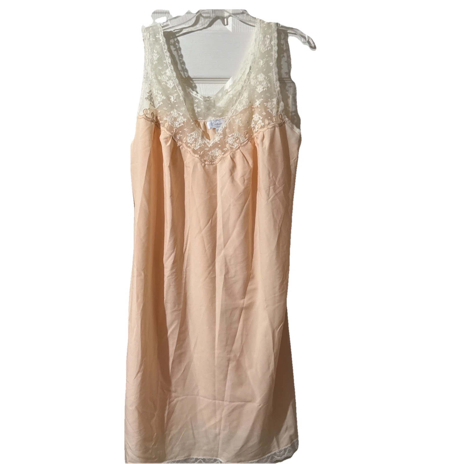 Corhan Noumair Silky Nylon Hand Embroidered Lace Bodice Nightgown SZ L Peach USA