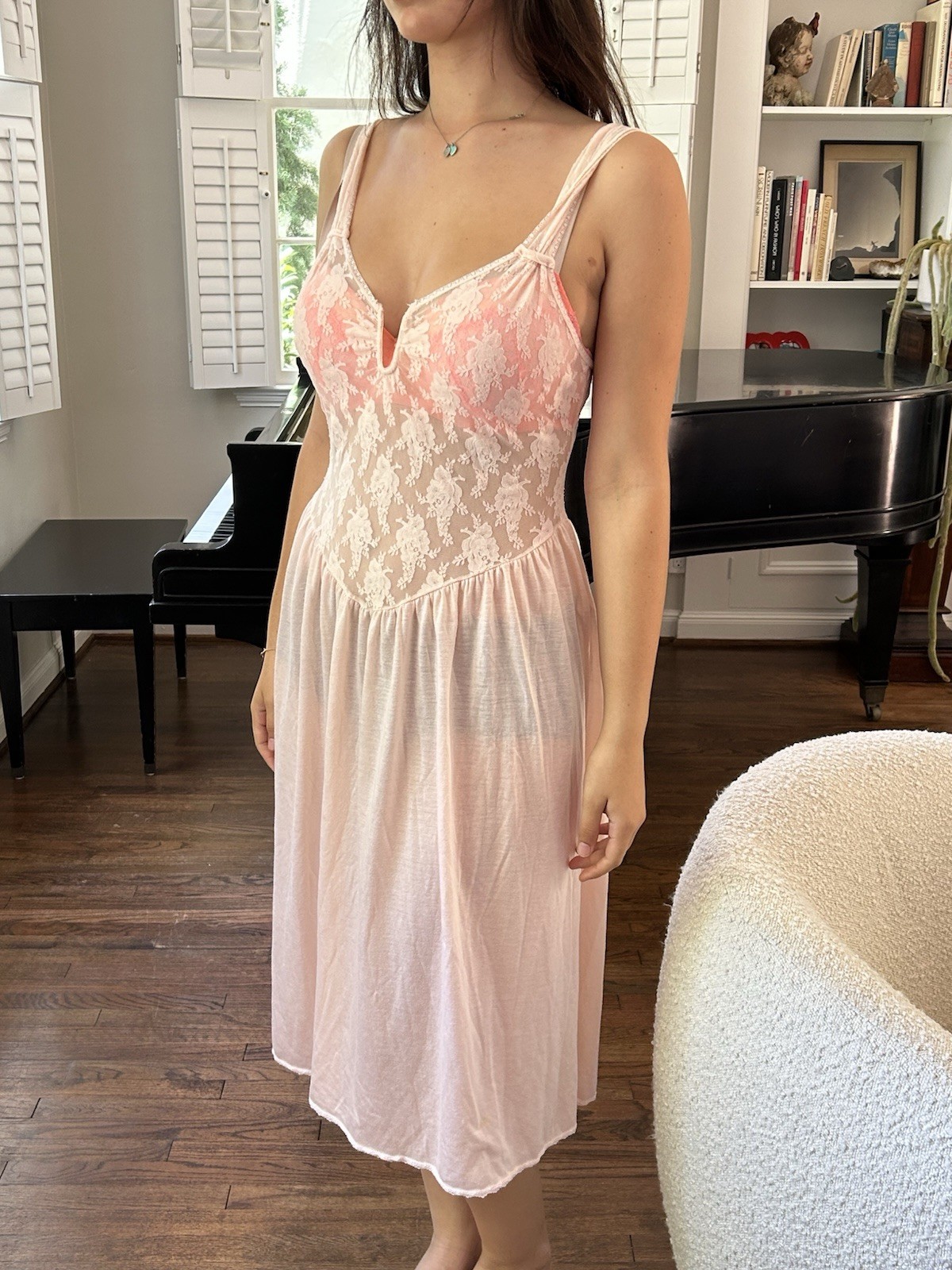 Vintage 80s Victoria Secret Gold Crown L Stretch Lace Bodice Nightgown Pink