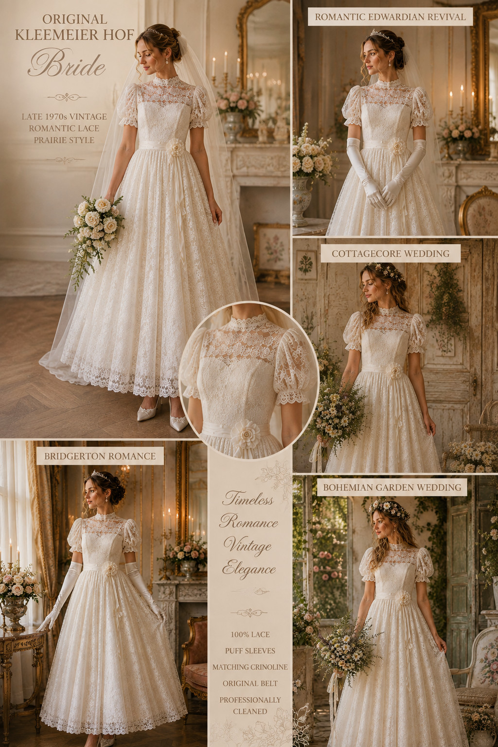 Original Kleemeier Court Wedding Dress 70s Vintage Lace Crinoline Edwardian Prairie