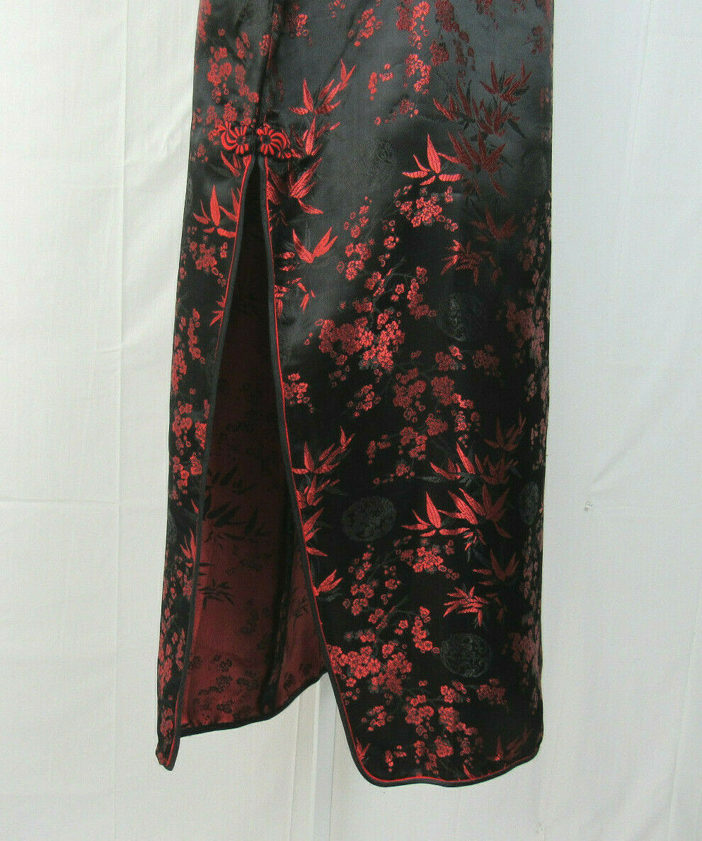 VTG 1960s 70s JAPANESE ETHNIC DRESS BLACK FIRE RED FROG BUTTONS ROPE BELT