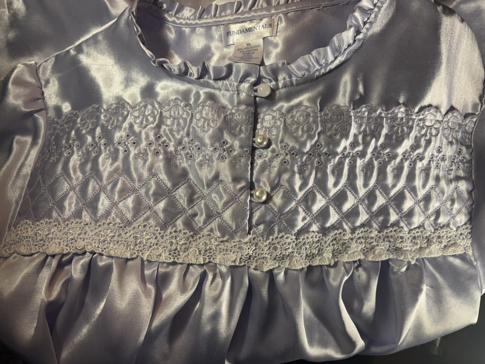 Vtg Satin Soft Lilac Quilted Long White Lace Pearl Frilly Nightie Nightgown XL