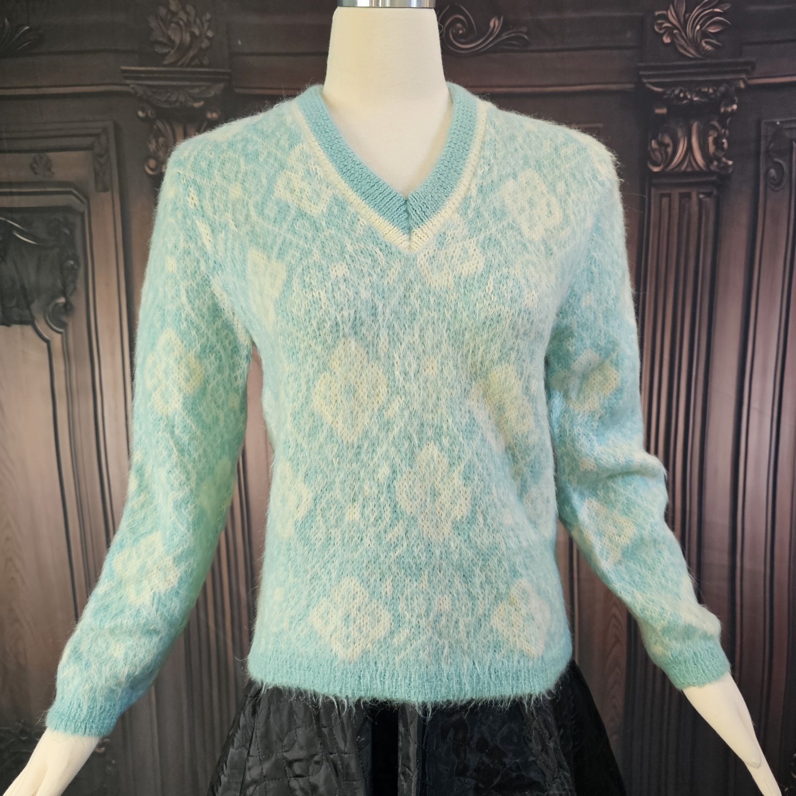 Vintage 1960s Icey Blue Mohair Sweater Wool Fuzzy V neck Rare Collectors Sabra