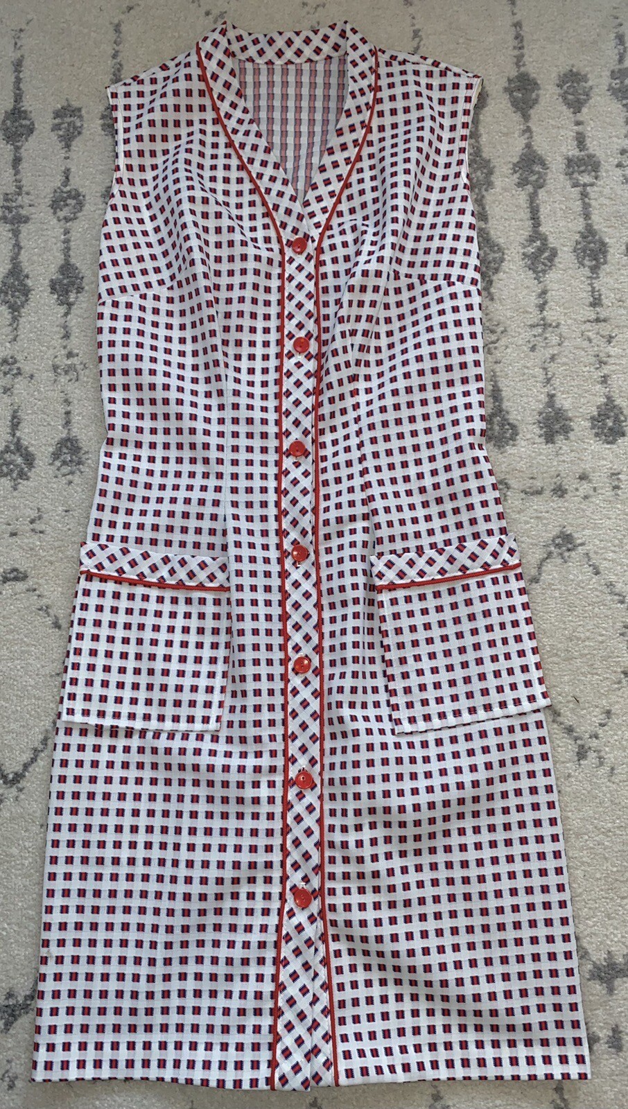 Vintage Summer Dress, 60s-70s Button Front w Pockets S/M, Red White Blue MCM