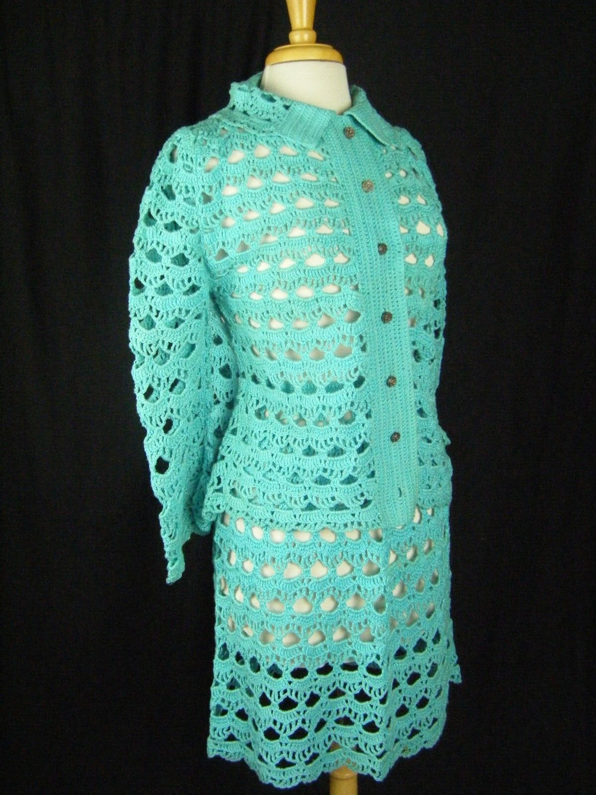 Vtg 60-70s Handmade Blue Crochet Eyelet Cardigan & Skirt-Bust 38/Waist 23-28