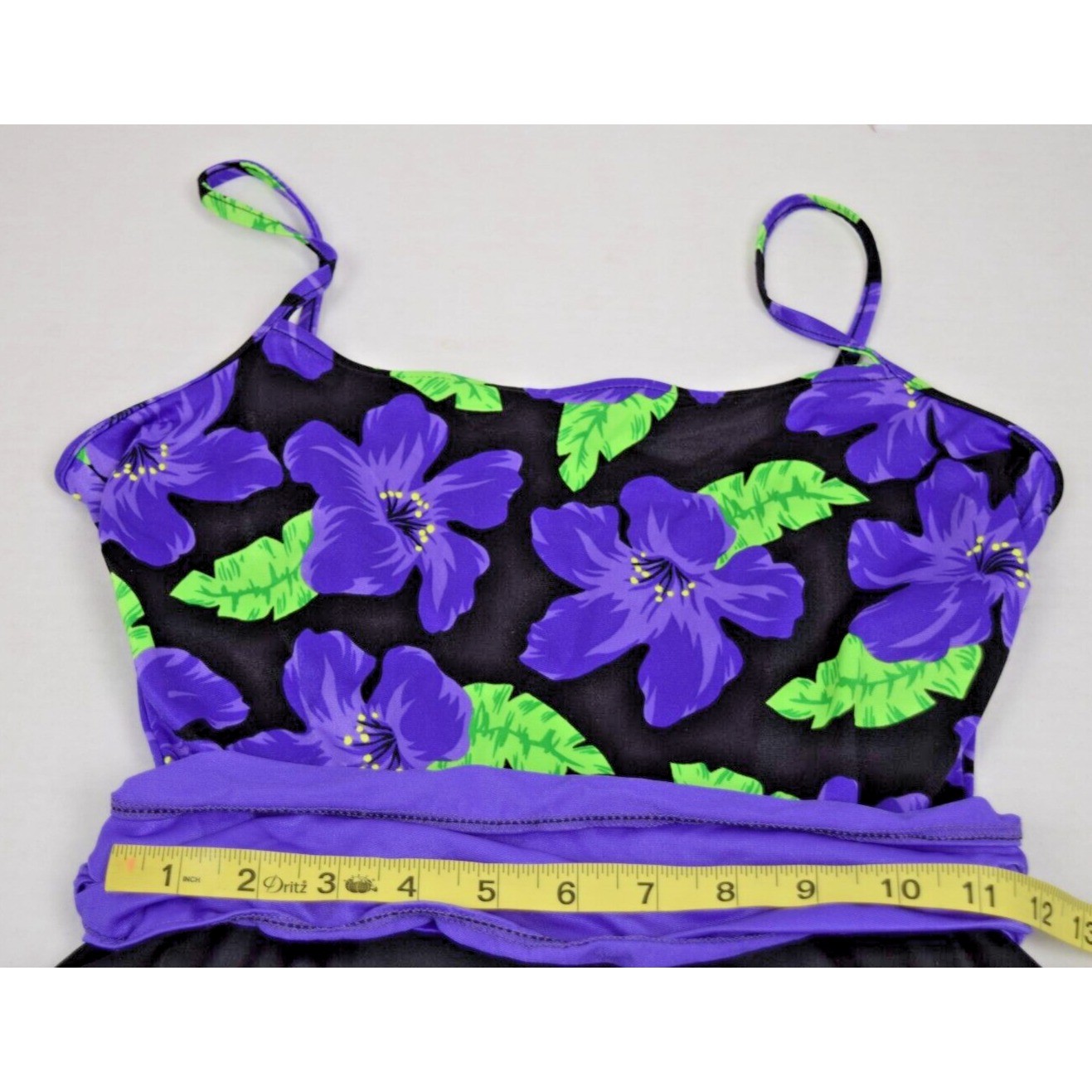 Vintage Swimsuit Size 14 S/M 80s Bright Iris Purple Green Black Skirt Stretchy