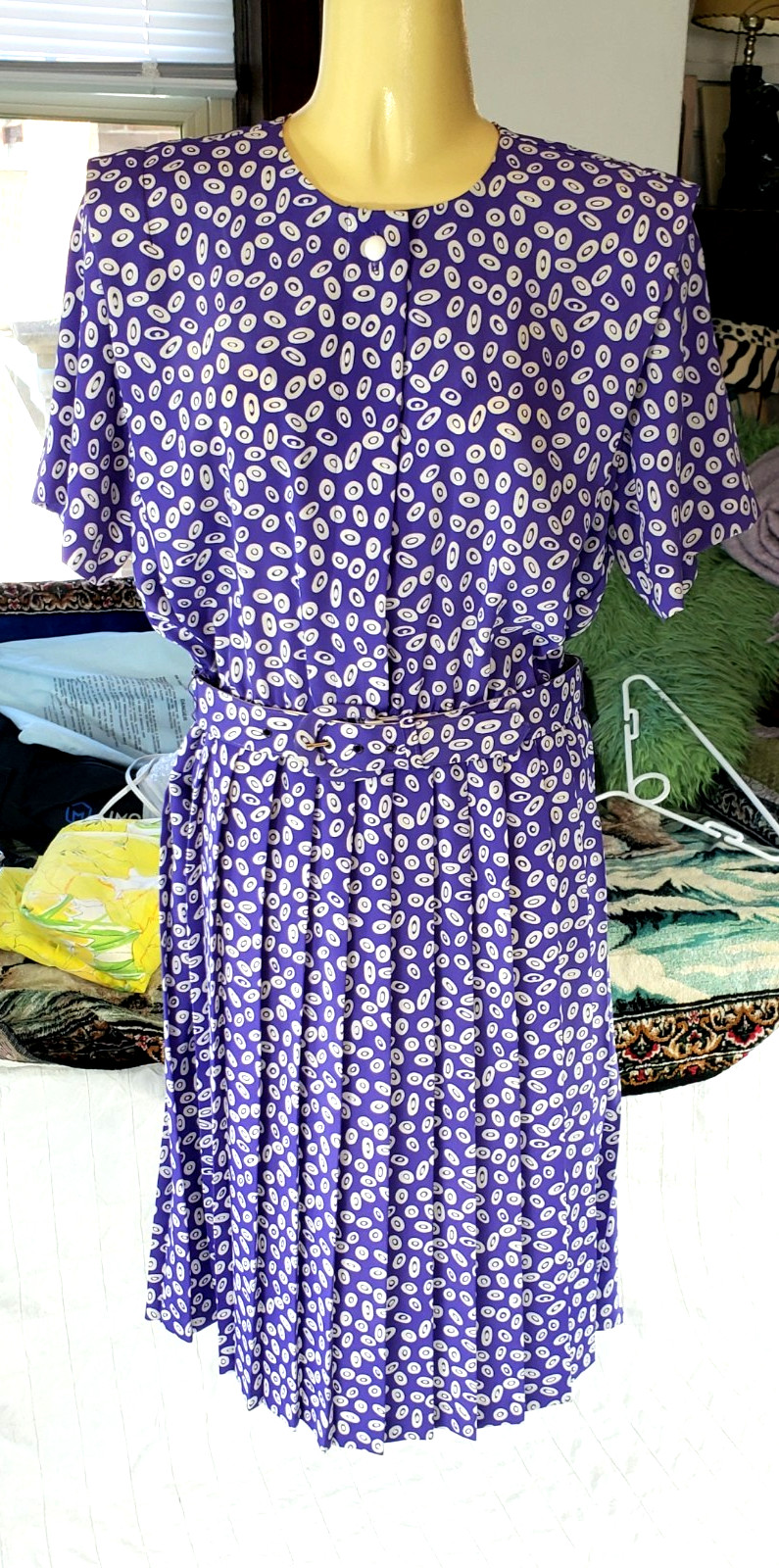 Vintage Leslie Fay Dress 80s 90s Pleated Geo Paisley Purple Belted SIZE 6P