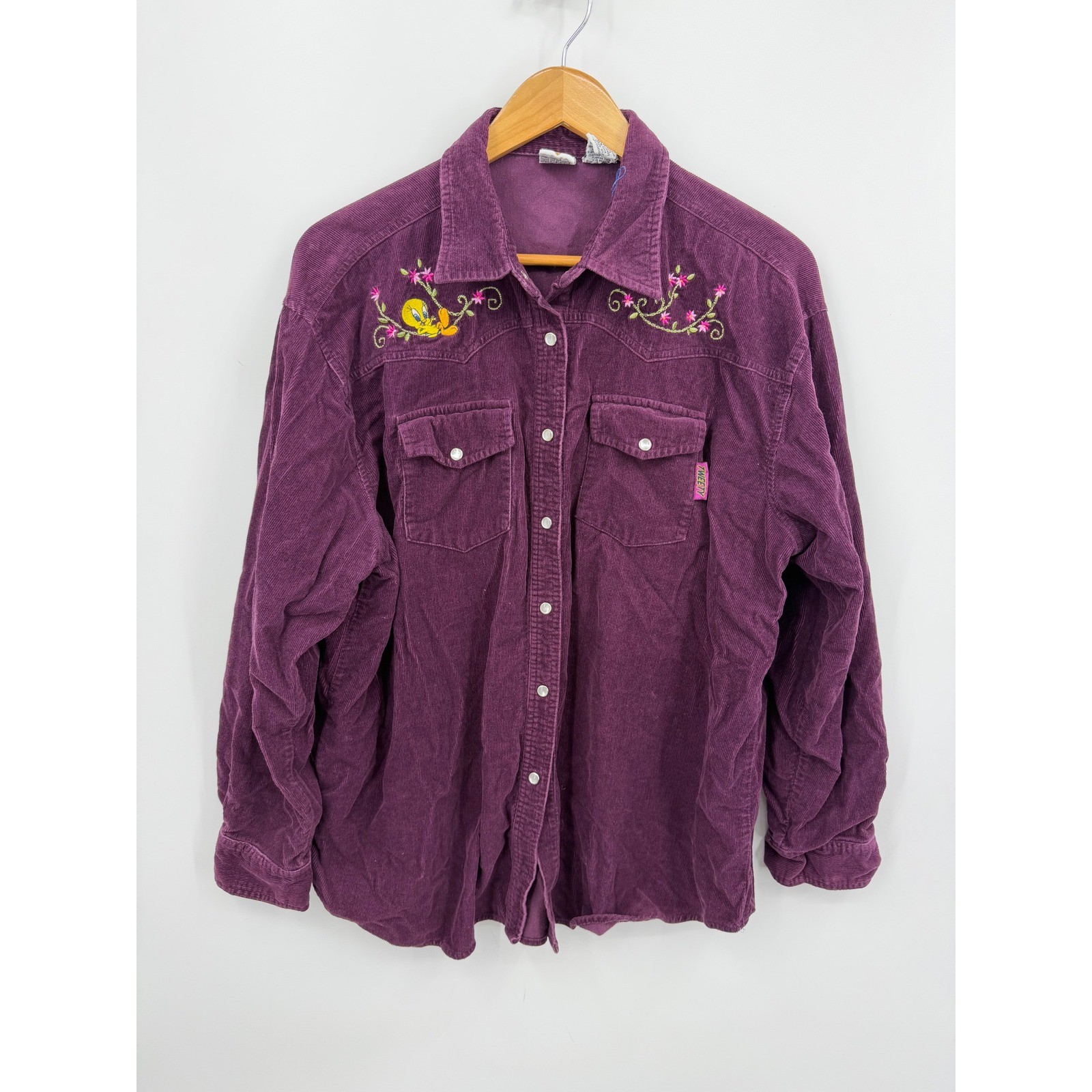 Looney Tunes Tweety Bird Corduroy Shirt Womens XL Purple Vintage Embroidered Top