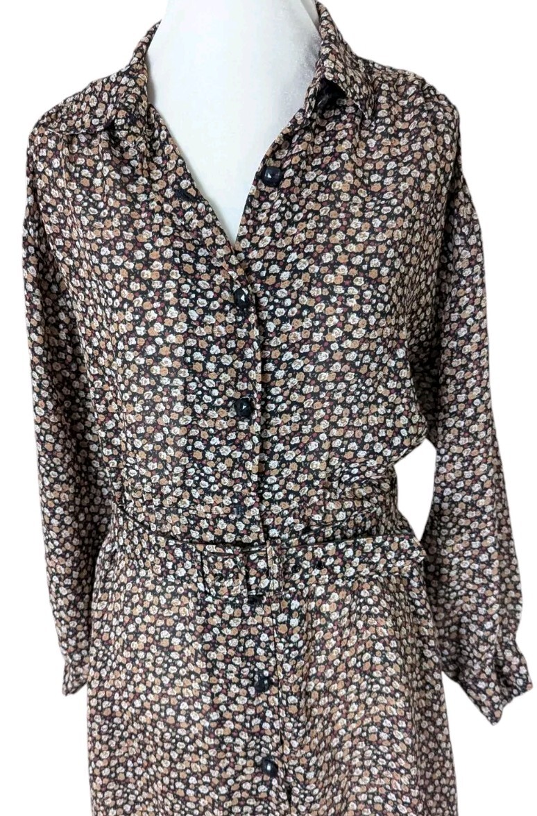 Vintage Shirt Dress M L Floral w Belt and Pockets Black Brown Red Semi Sheer