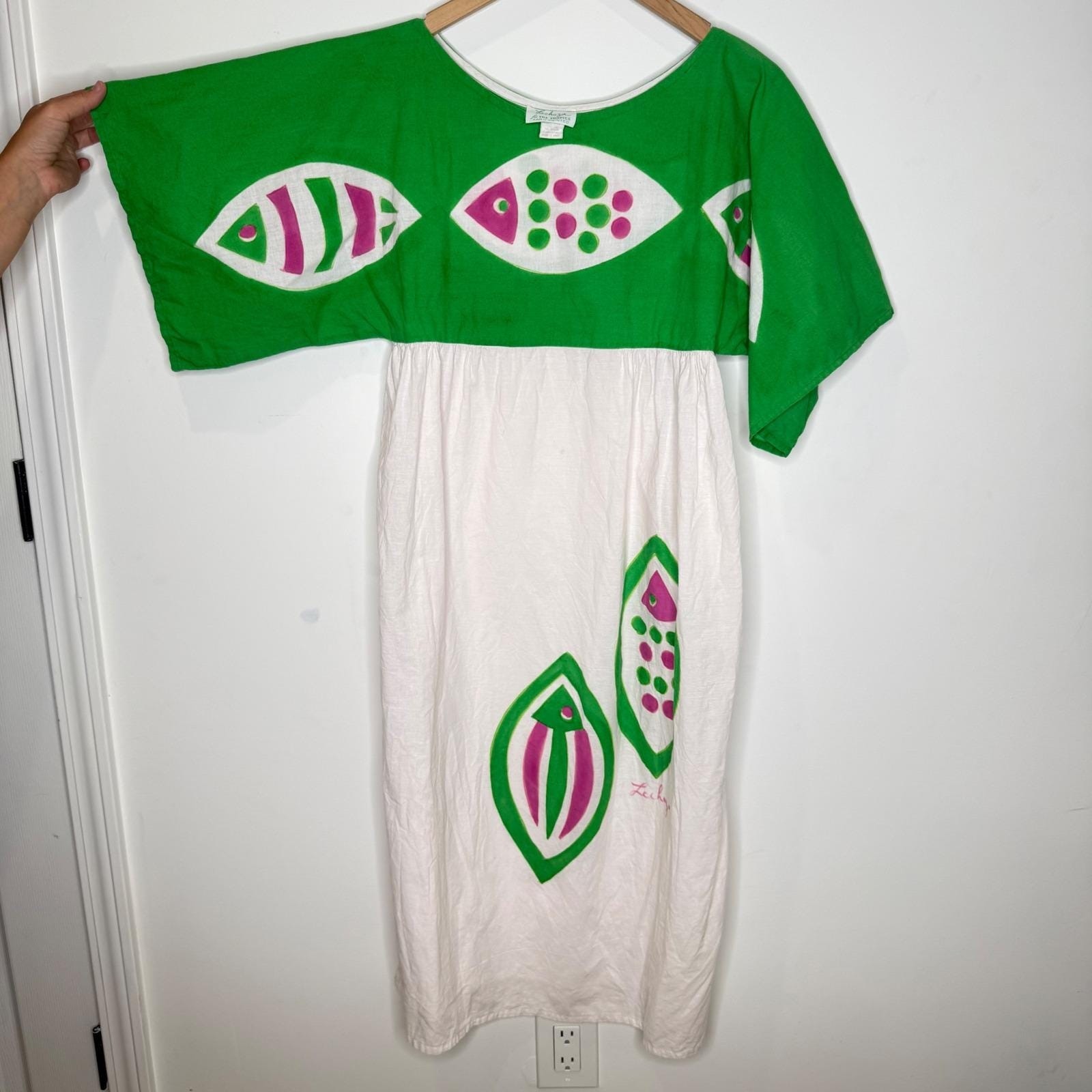 Vintage Lechuza for The Fabrics Dress Hand Painted Art Indie 70s Beach Resort