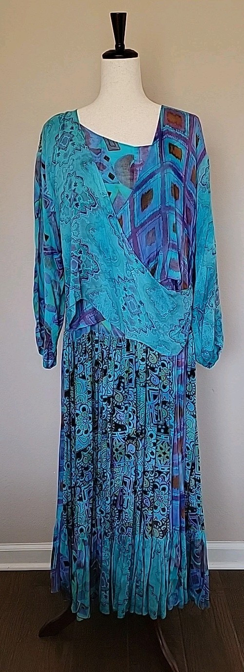 Vtg URU Womens Maxi Dress One Sz Oversized Tiered Lagenlook Drop Waist Floral