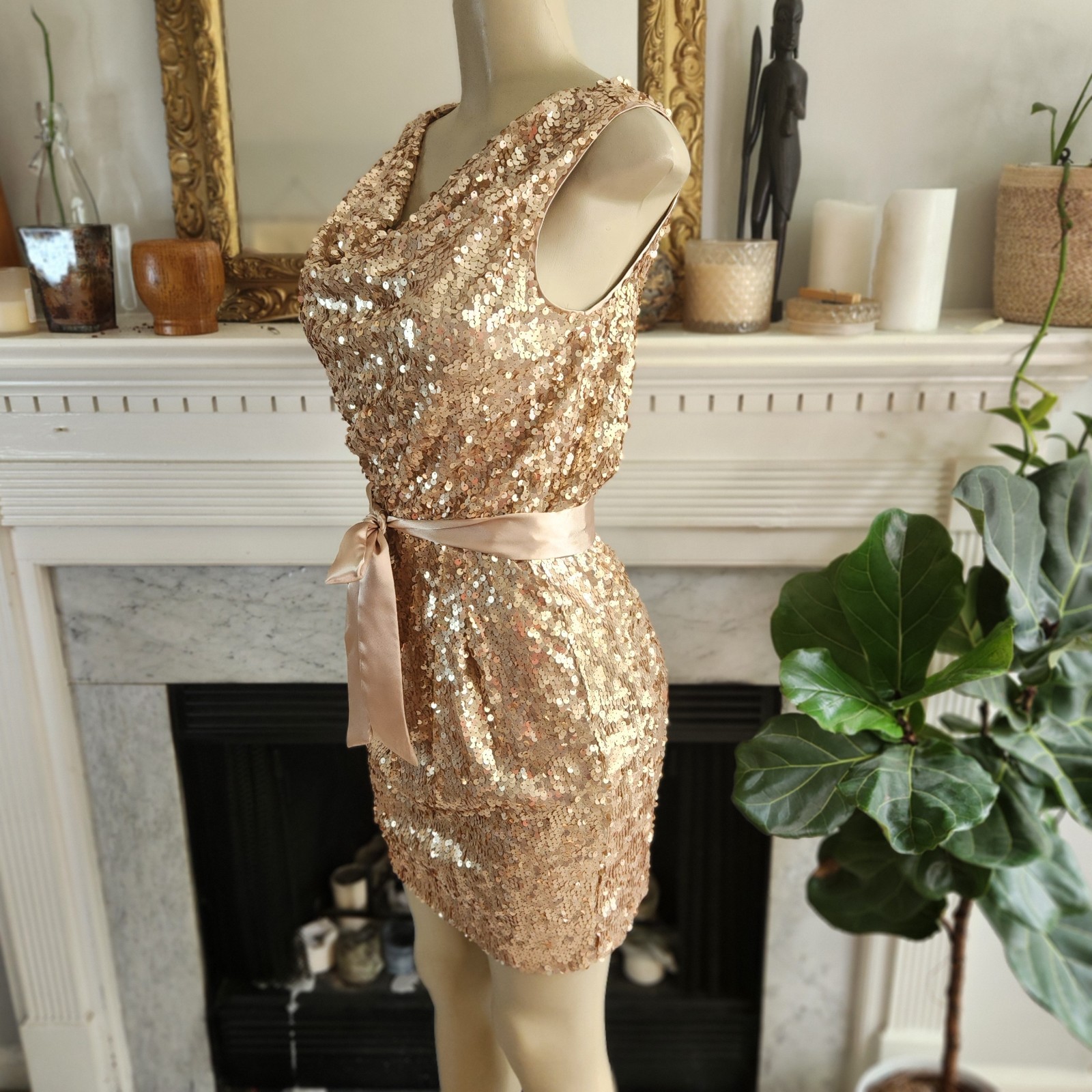 Vintage 90s Cache Gold Sequin Mini Dress Sz 4 Y2K Party Cowl Stretch Party Glam