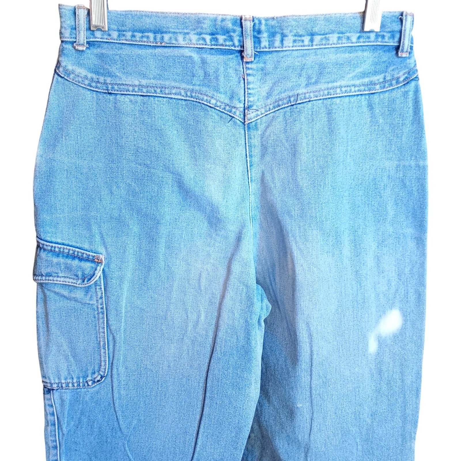 True Vintage 80s Cargo Jeans 11 29×32 Snap Cuffs Distress Pentimento Brittania