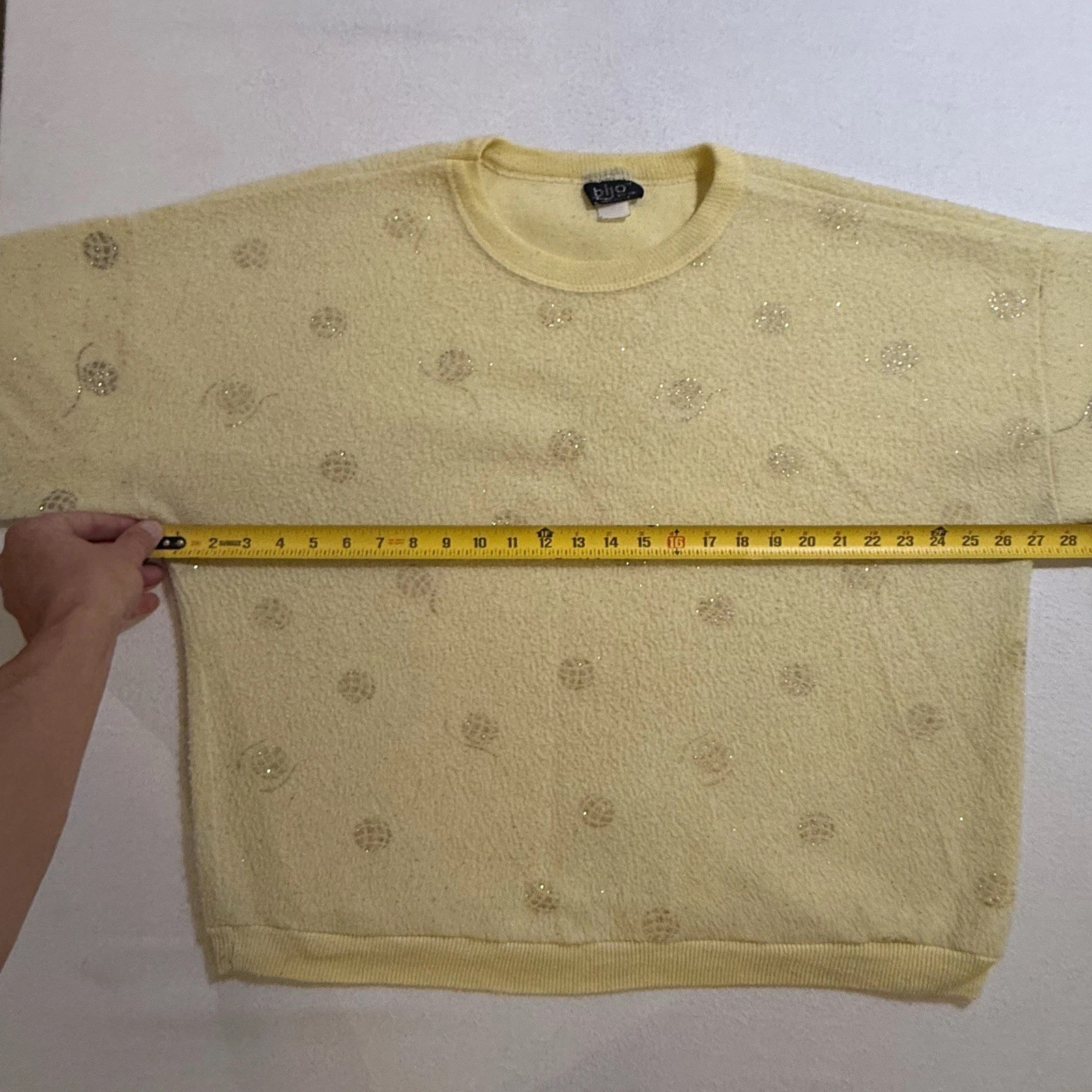 Vintage Bijo Christmas Sweater New York Silver Ornament on Yellow Made in USA