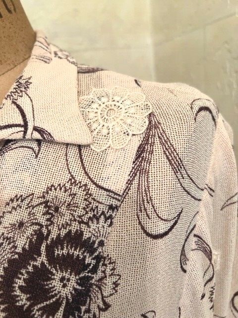 Vintage 40s Linen Rayon Crepe Floral Novelty Print Art Deco Dress M