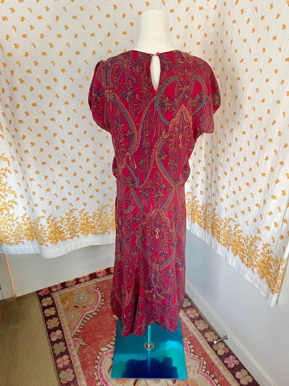 Vintage Amy-Deb Paisley Rayon Midi Dress 80s 90s Boho Jewel Tone USA M