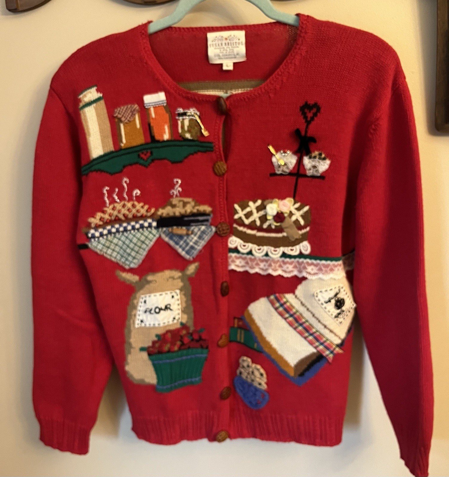Vtg 90 Cardigan Sweater Susan Bristol Hand Knit Embroidery Kitchen Pie Baking L
