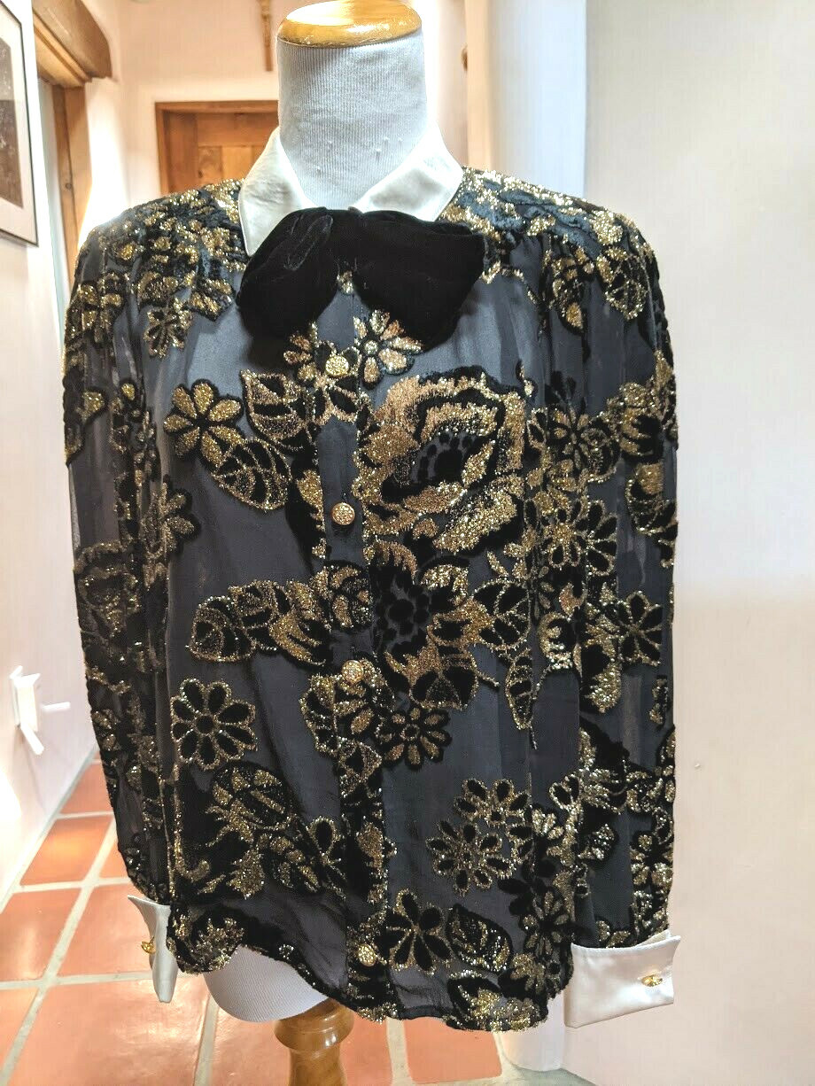 VALENTINO NIGHT Black Silk & Velvet Burnout Blouse SZ 6 S Rhinestone Buttons