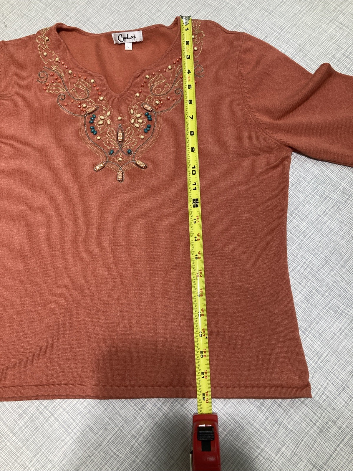 Vintage 90s Carducci Beaded Bib Sweater Top Size L Rust Orange Boho Grandmacore