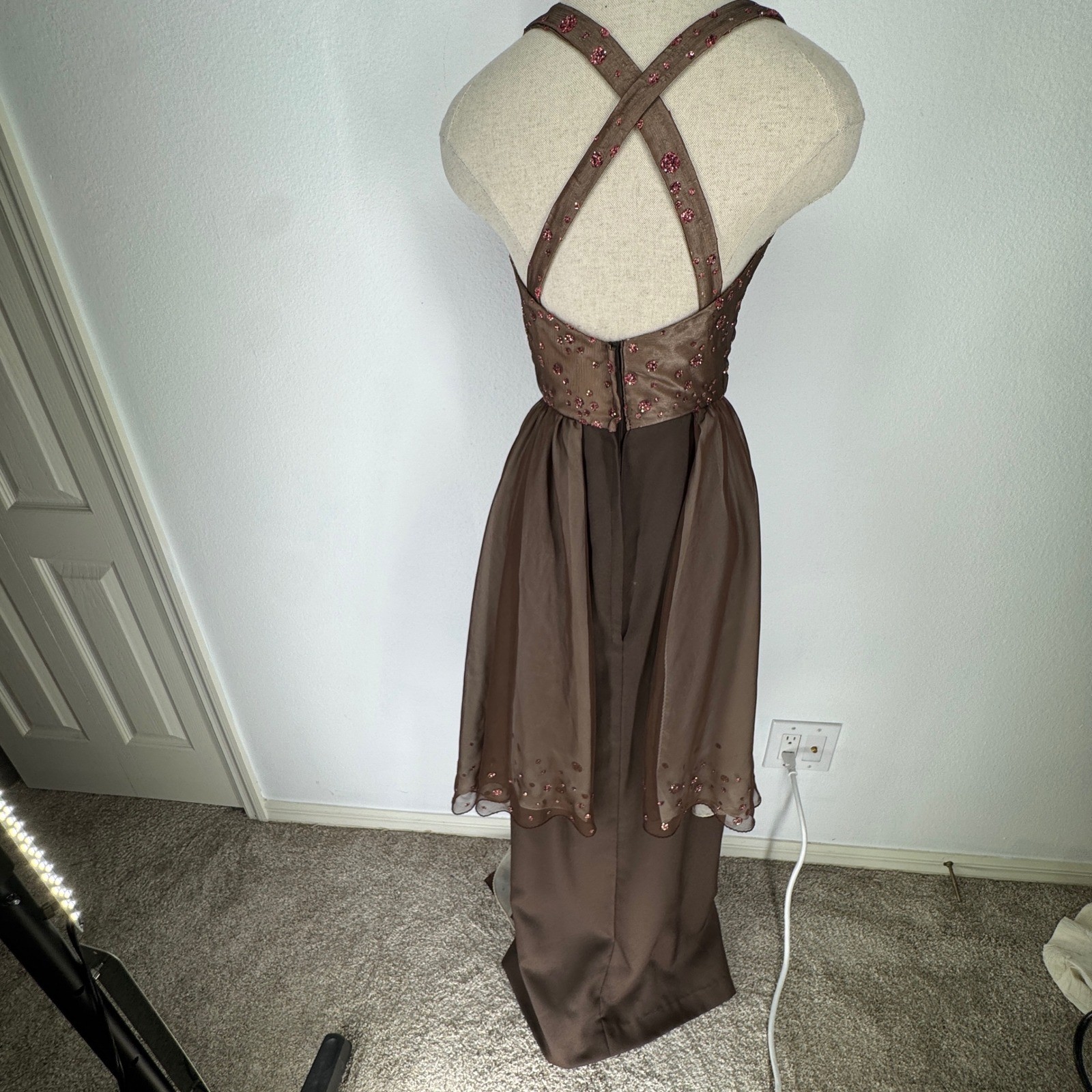 Vintage Handmade Brown Chiffon Glitter Polka Dot Evening Gown Dress Asymmetrical