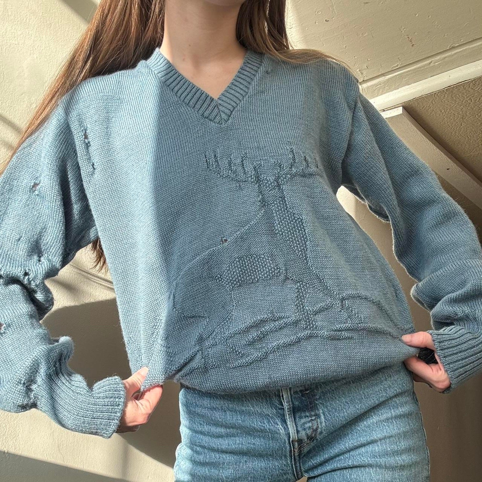Vintage McGregor Sportswear Elk Knit V-Neck Sweater 38 70s 80s Retro Hunter