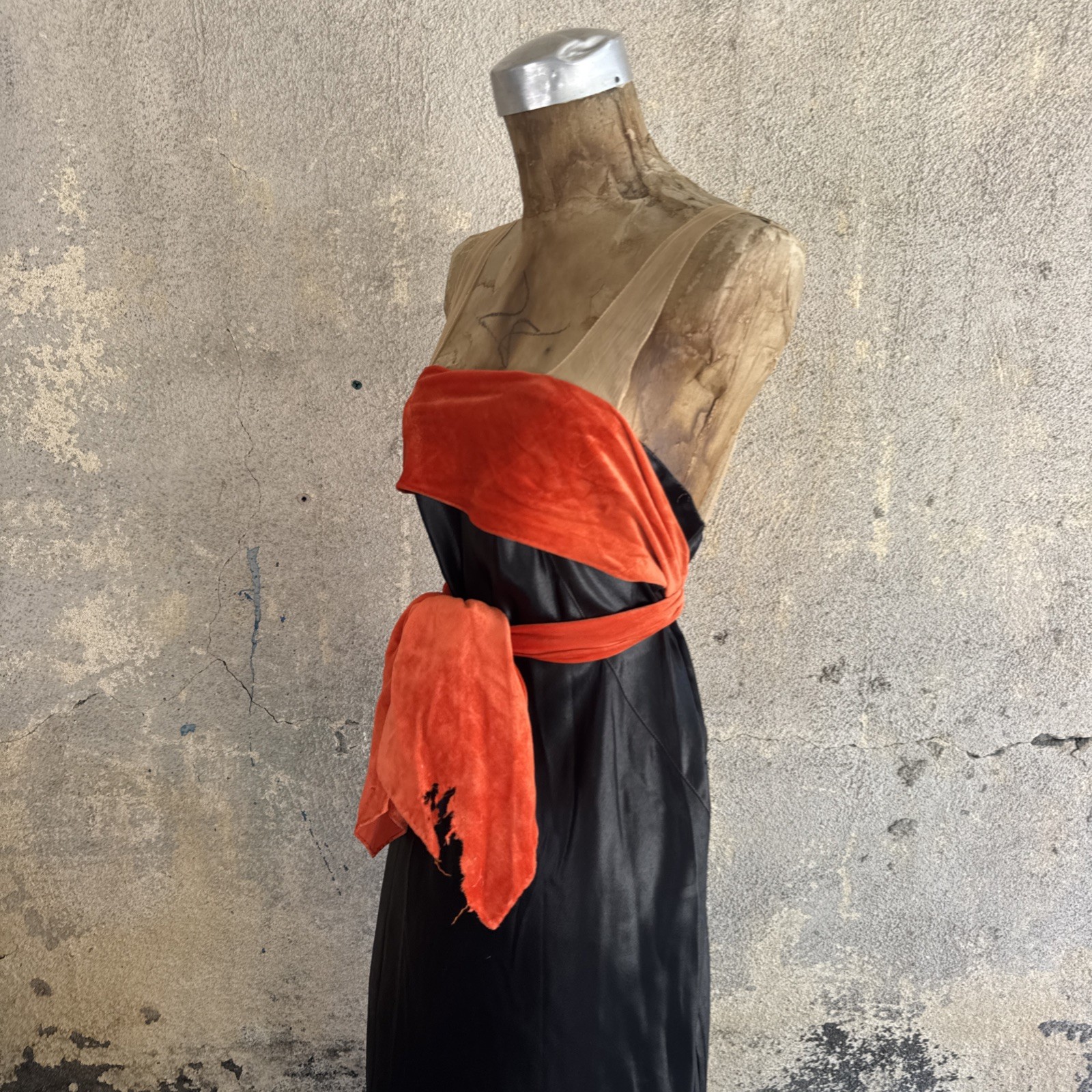 Vintage 1930s Black Silk Satin Dress Orange Silk Velvet Bow Wrap Lace Trim Bias