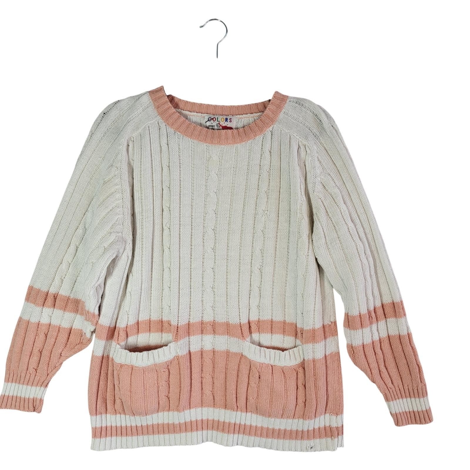 Vintage 90s Cable Knit Varsity Tennis Sweater Pink Cream Womens M Distressed