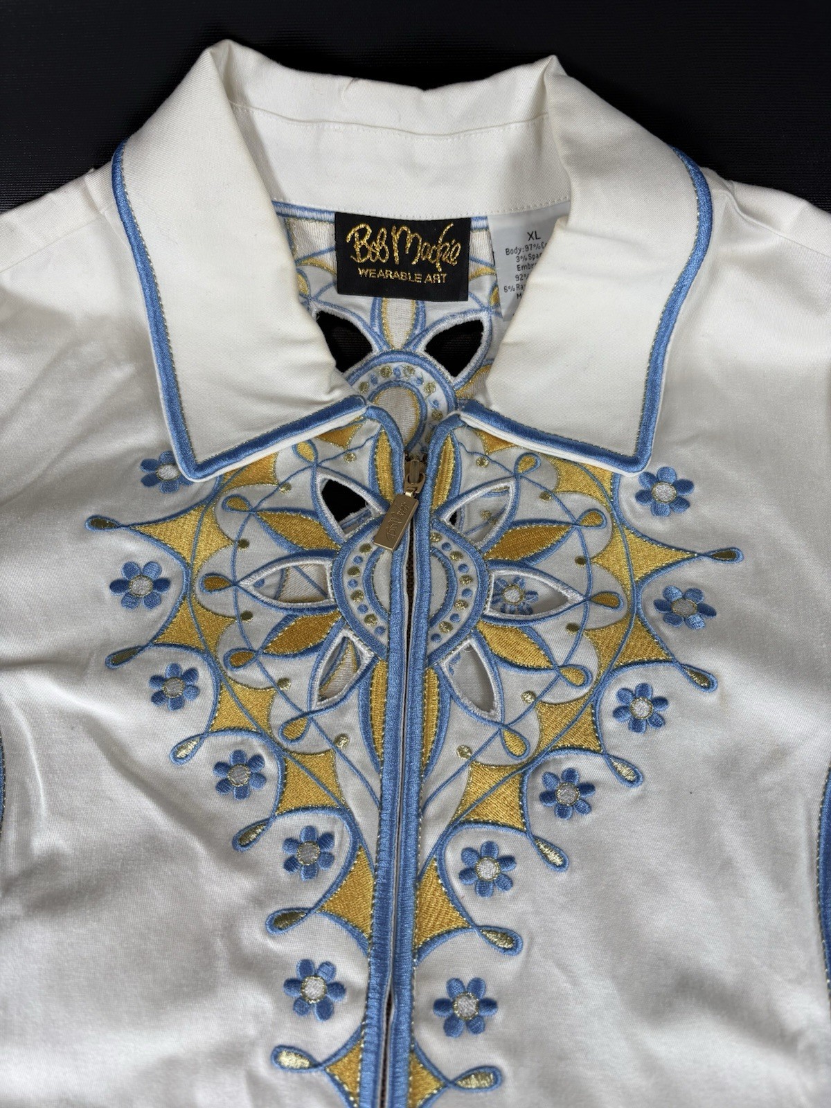 Vintage Bob Mackie Wearable Art Embroidered Zip Front Blue Gold Jacket Size XL