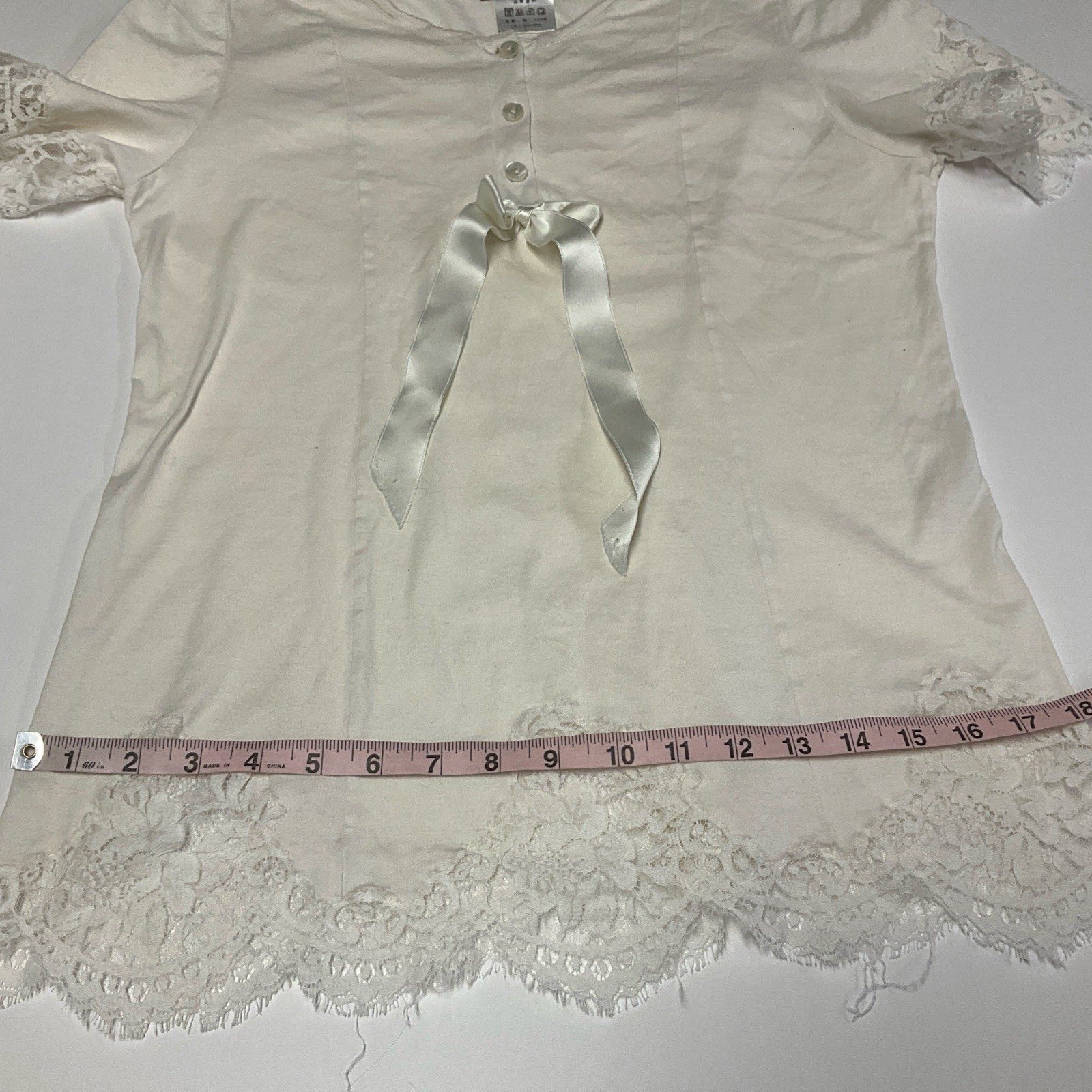 Vintage Dolce Lia Lace Trim Lingerie Top Ivory Short Sleeve L Satin Bow Italy