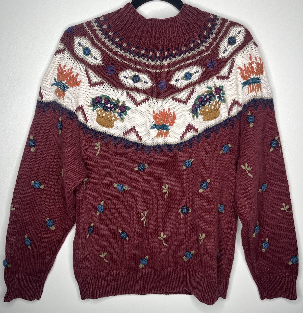 Van Heusen Hand Knitted For Her Floral Sweater Burgundy Size Small Vintage