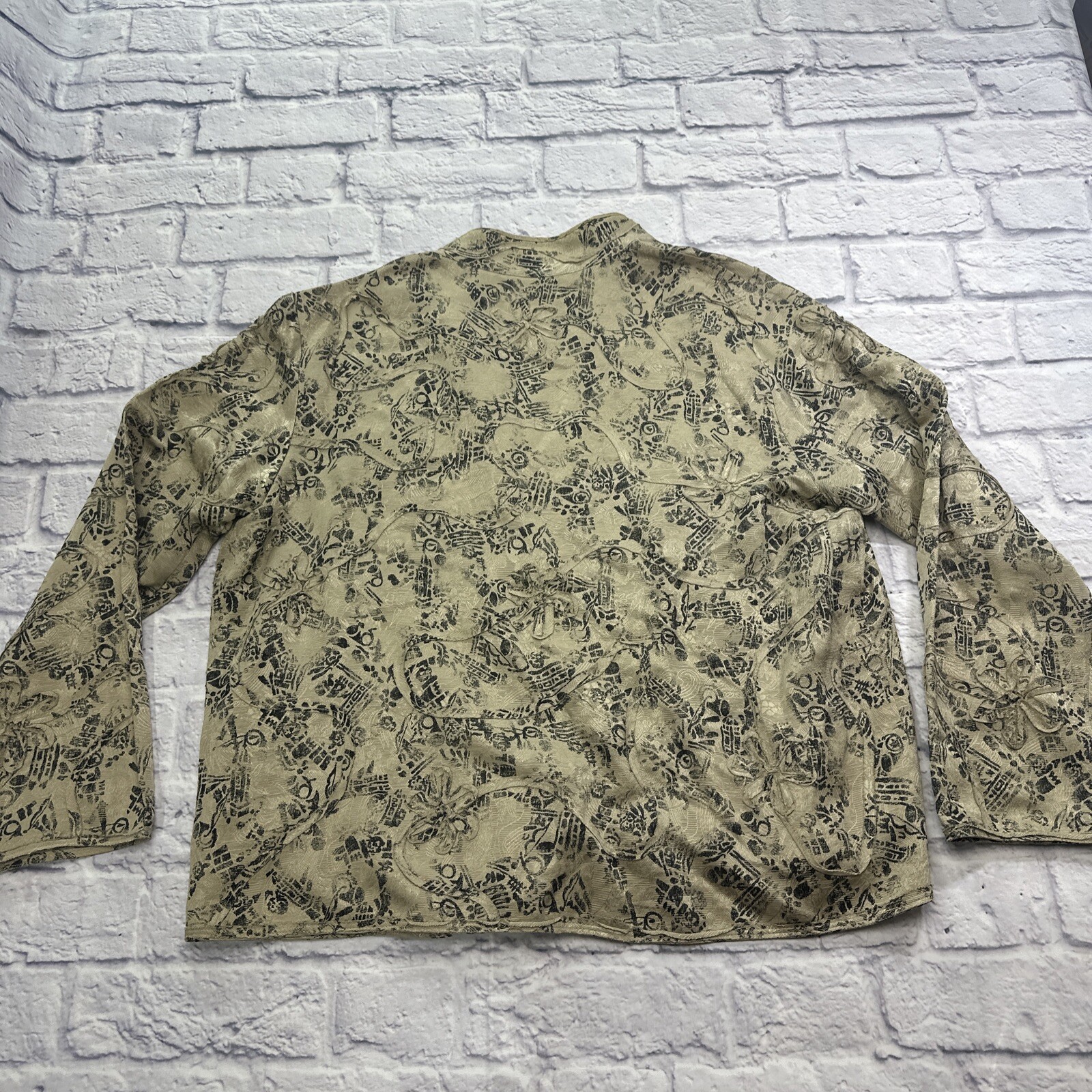 Chico’s Jacket silk linen blend Asian kimono style floral print Tan Black Med 2