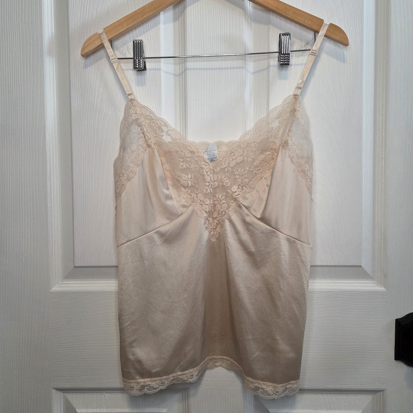 VTG Dawn To Dusk Satin Lace Trim Cami Ivory L USA Made Coquette Feminine