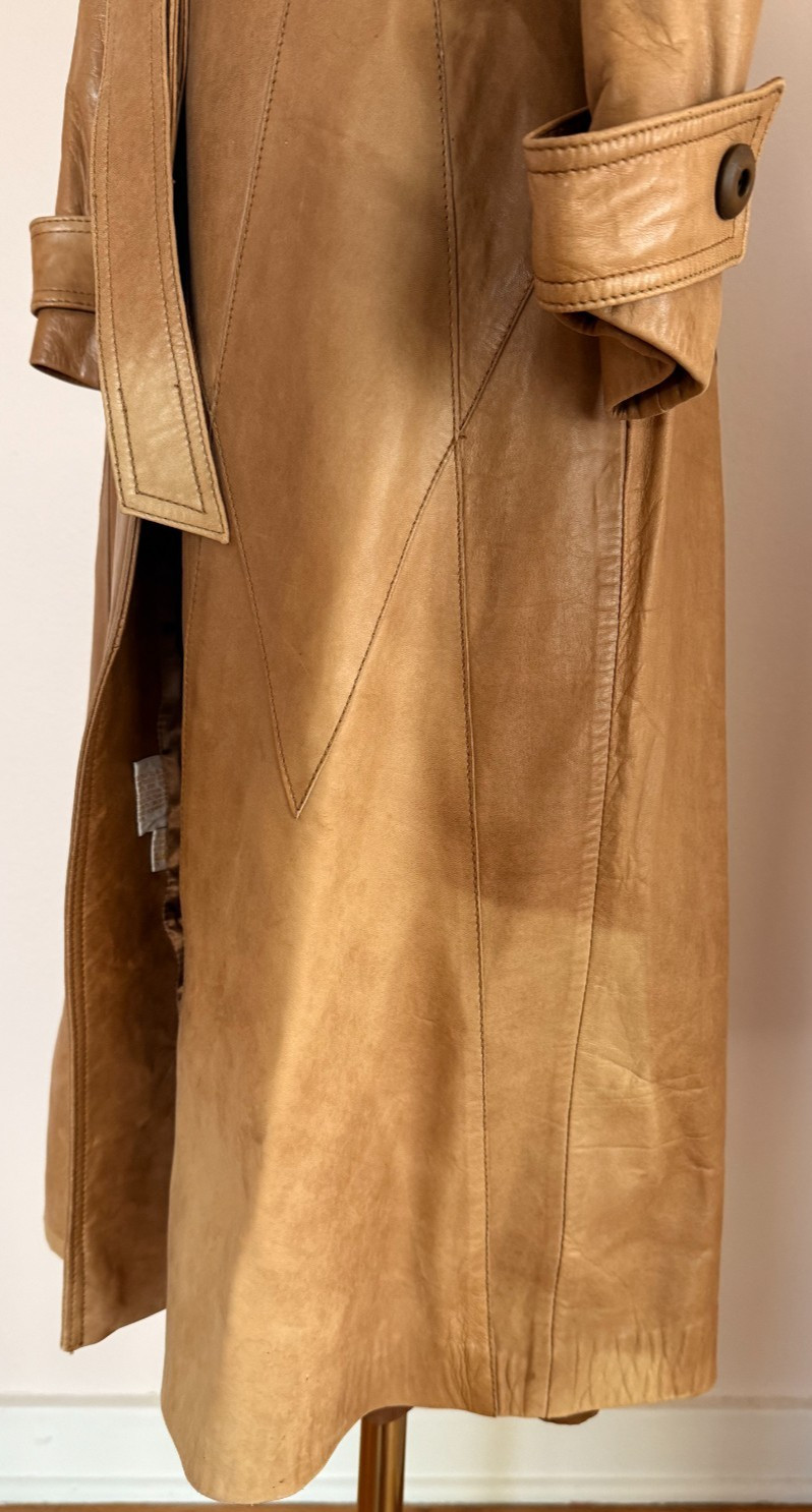 Vintage 100% Leather Trench Coat XS XXS Tan Belted Jacket Handmade in Mexico