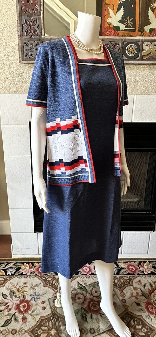 VTG 1960s Bleeker Street Drop Waist Blue Dress & Jacket XL Blue Red White