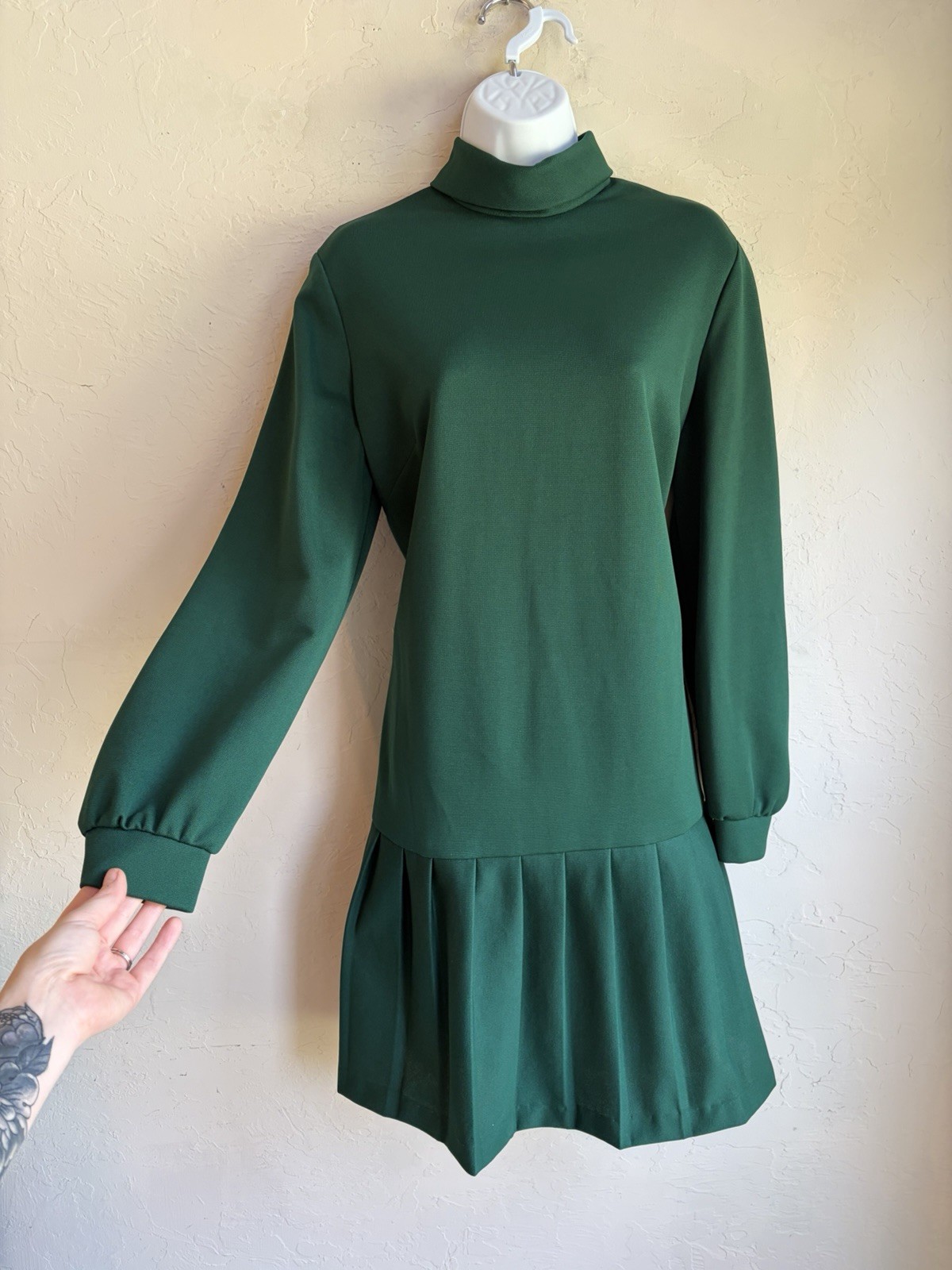 Vintage 60s 70s First Edition Mod Drop Waist Pleated Dress 18 Green Preppy Retro