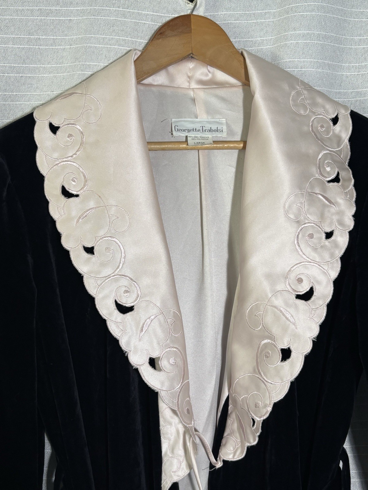 Vtg Georgette Trabolsi Velvet Robe Dressing Gown Arnel Pink Satin Cutwork Lg 50s