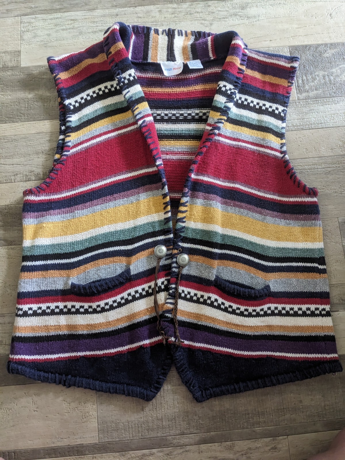 Southwestern Boho 90s Cotton & Ramie Multicolor Knit Native American L Vest