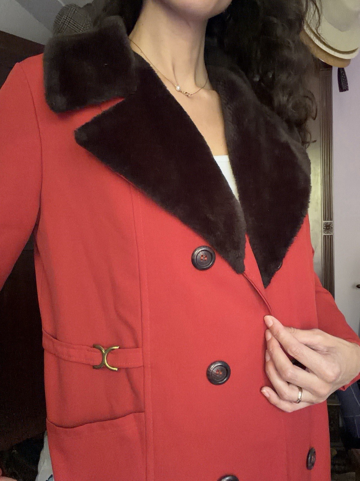 1970s Vintage Women’s Red Orange Coat With Faux Fur Collar Double Breasted