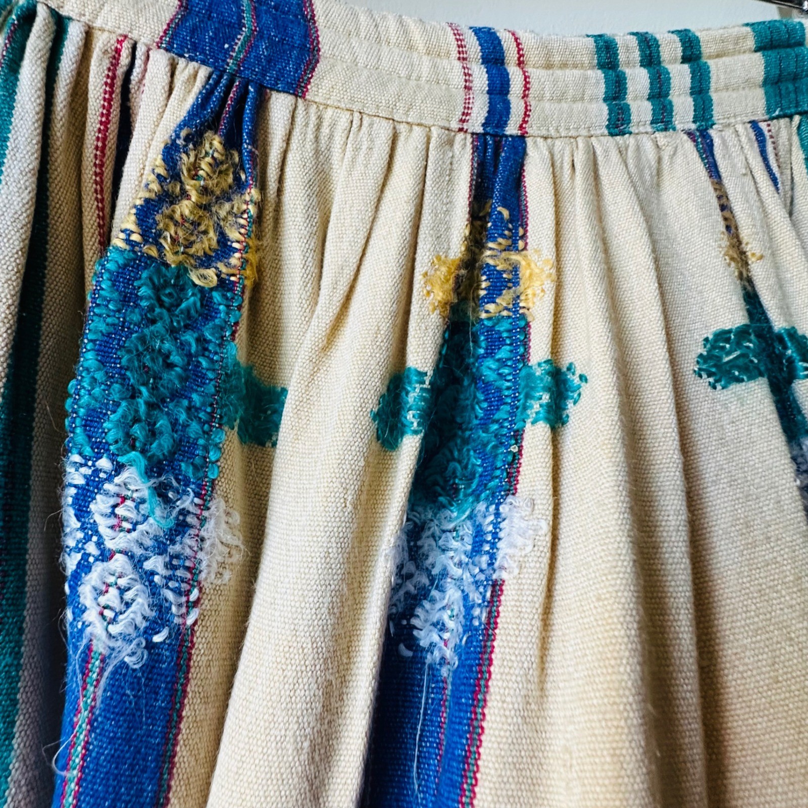 Vintage 70s Supercraft Skirt Blue Teal Woven Embroidered Fringe Boho Medium